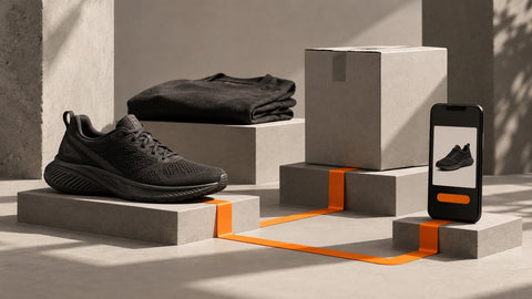 Editorial still life of a sneaker, garment, parcel and product screen connected by an orange path.