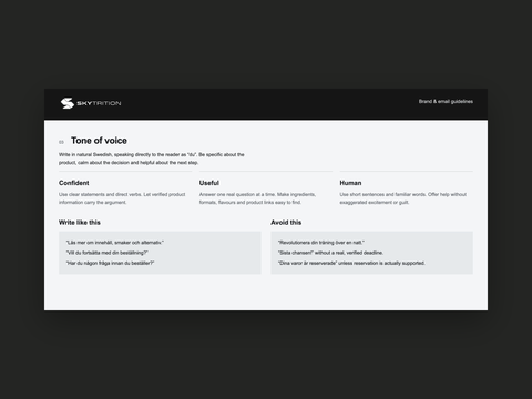 Skytrition tone-of-voice guideline excerpt with Swedish writing examples, presented in a complete frame.