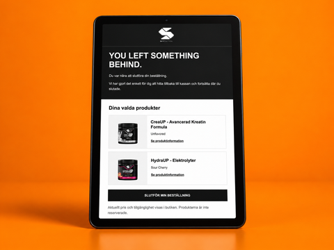 Skytrition checkout recovery email displayed on a black tablet against an orange background.