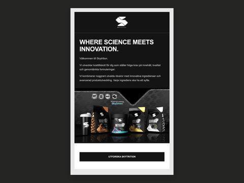 Skytrition welcome email excerpt with the complete logo, introduction, product image and shop action.