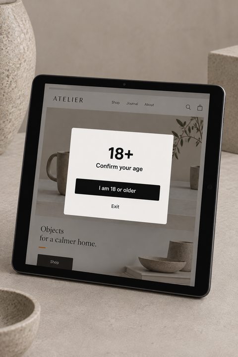 Illustrative age-confirmation popup on a tablet in a warm grey studio.