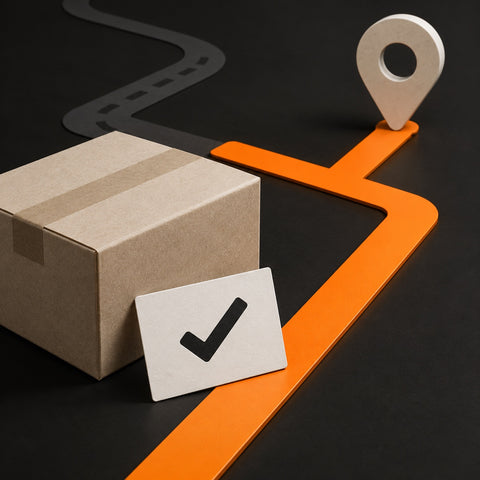 Conceptual illustration of a shipping parcel, corrected orange route, location pin, and confirmation check.