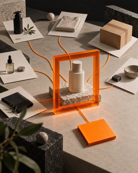 Conceptual illustration of ecommerce tasks connected through an orange selection frame into one focused pilot.