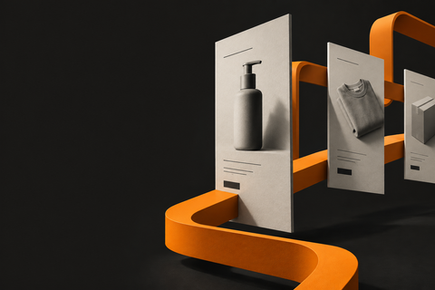 Illustration of product cards connected by an orange workflow ribbon on a charcoal background.