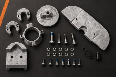 AnodeFactory anodes and fittings arranged in an editorial flat lay adapted from the product photograph