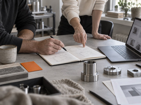 Editorial illustration of a B2B planning workshop with a notebook, laptop and industrial product samples
