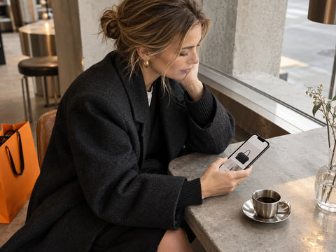 Customer reading a fashion email on her phone in a contemporary café