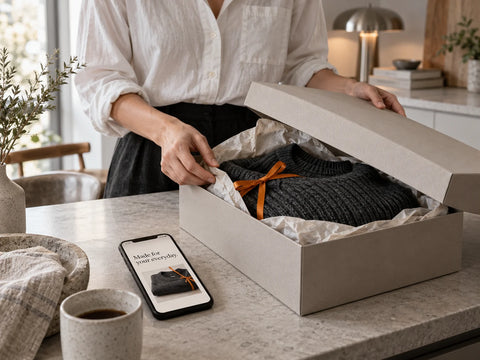 Customer opening a knitwear order beside a matching post-purchase email