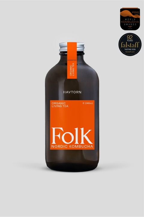 Folk Kombucha Havtorn bottle photograph used in the newsletter design