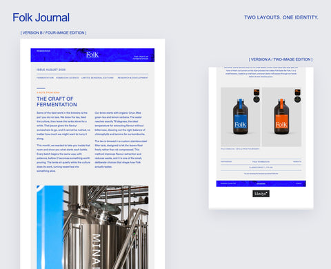 Folk Journal Version B editorial layout and Version A two-image product layout
