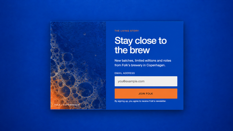 Complete Folk Kombucha newsletter signup popup presented on a blue background with a soft shadow