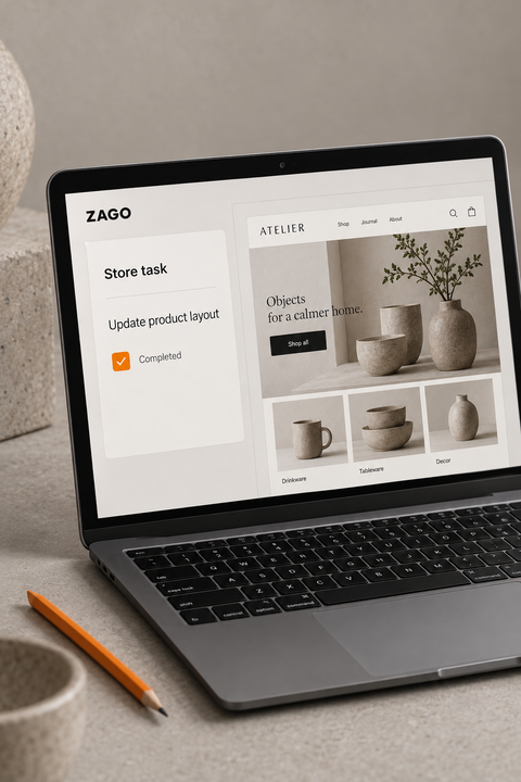 Illustrative product layout task marked completed on a laptop screen.