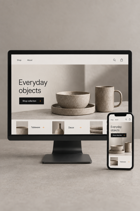 Illustrative responsive ecommerce storefront on desktop and mobile screens.