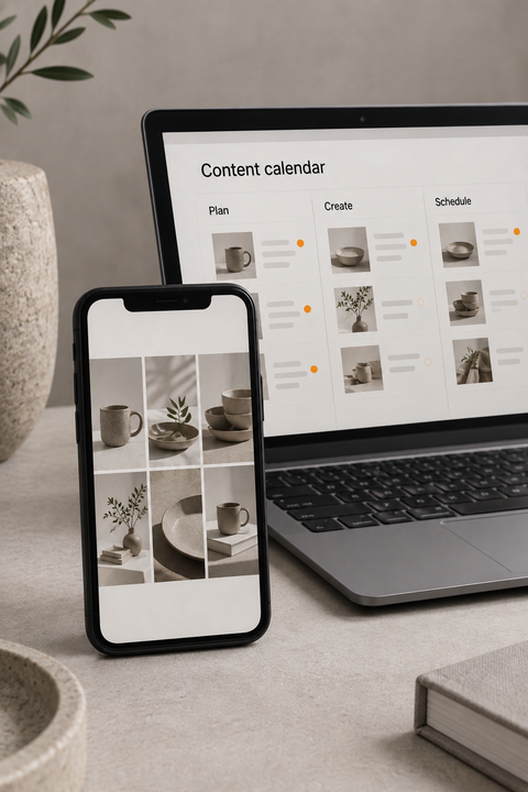 Illustrative social media content grid and content calendar on a phone and laptop.