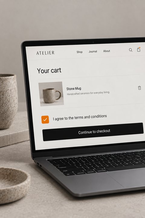 Illustrative Shopify cart with a terms acceptance checkbox on a laptop.