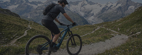 En cyklist på Zermaz-cykel längs en stig i Alperna